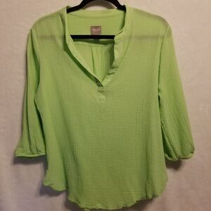 Chicos 2 (Lg) Shirt Top Popover Lime Green Gauze Textured Beach Coastal Cruise